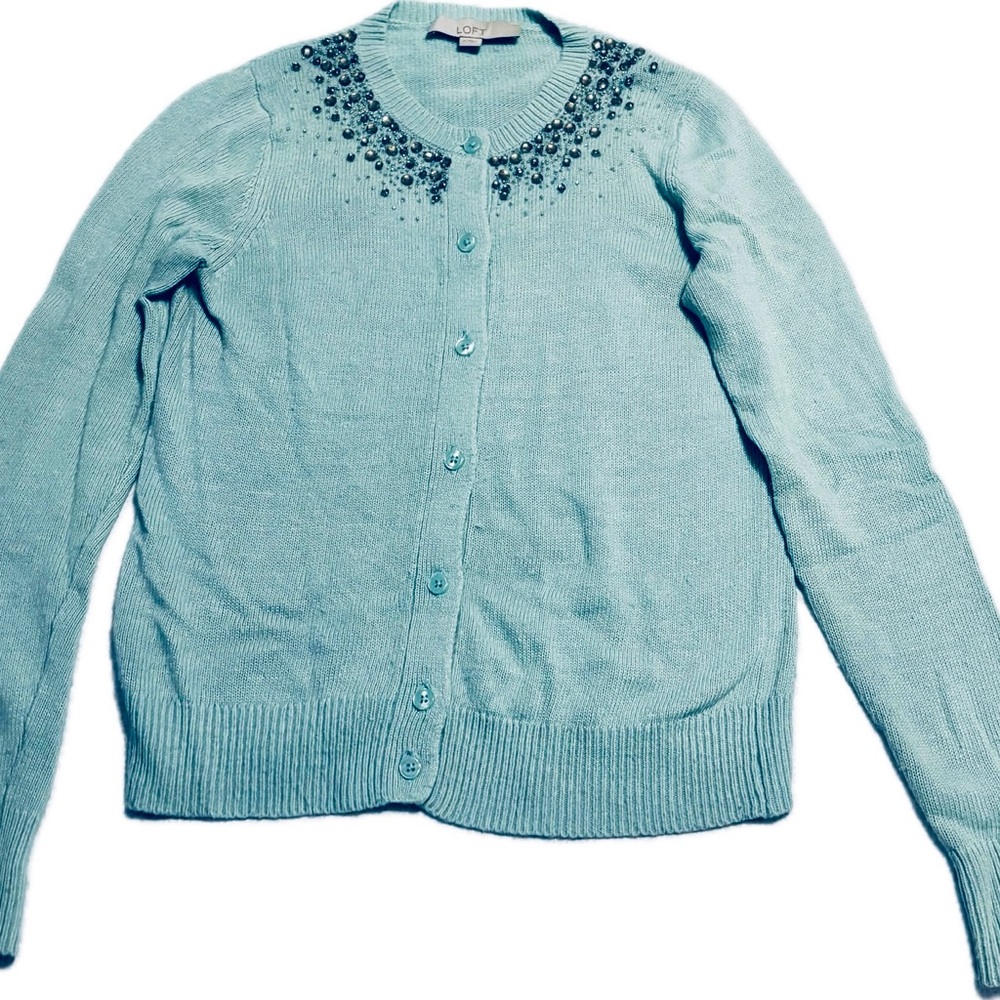 LOFT Mint Green Cardigan Sweater with Embellished Rhinestones Neckline
